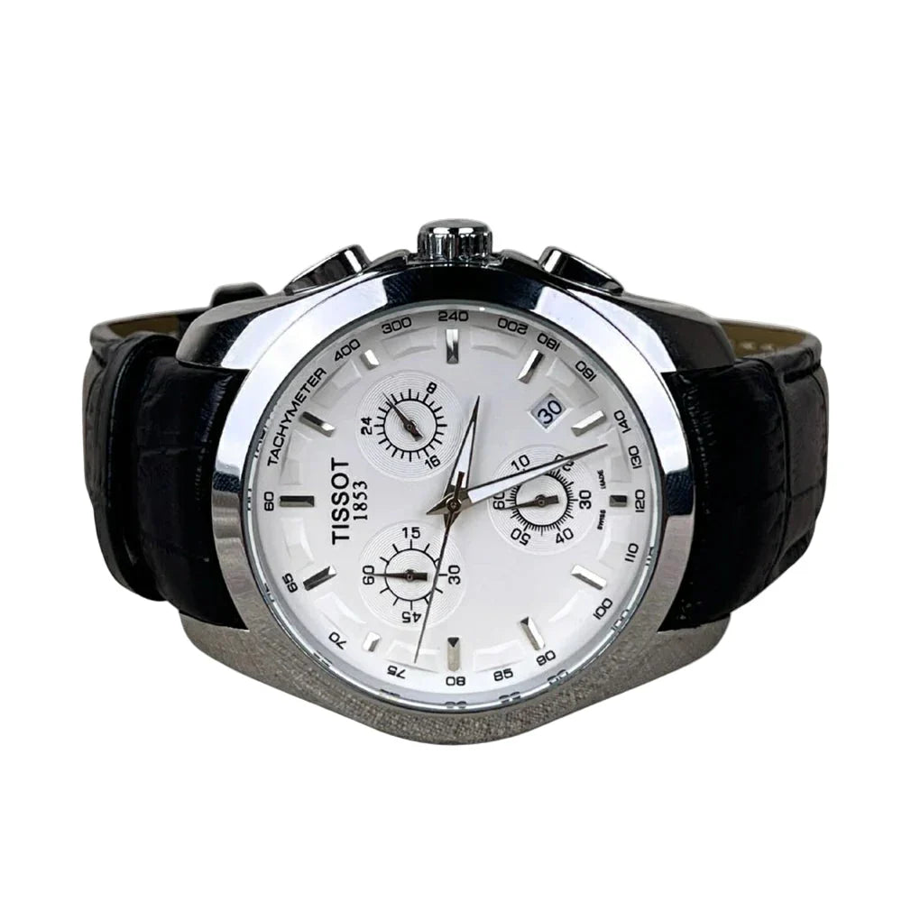 TIS Analog White Dial Black Leather Strap