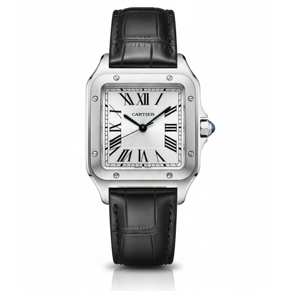 Santos de Cartier Silver frame White dial and Black leather strap