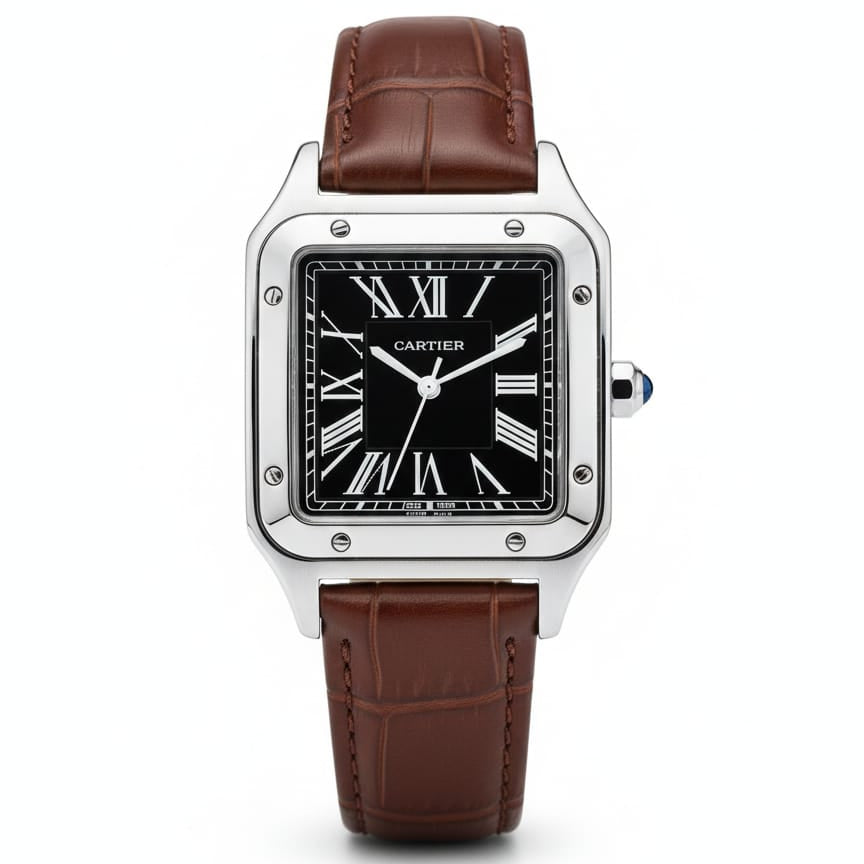 Santos de Cartier Silver frame Black dial and Brown leather strap