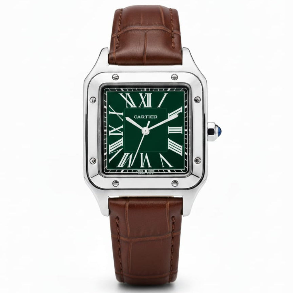 Santos de CRT Silver frame Green dial and Brown leather strap