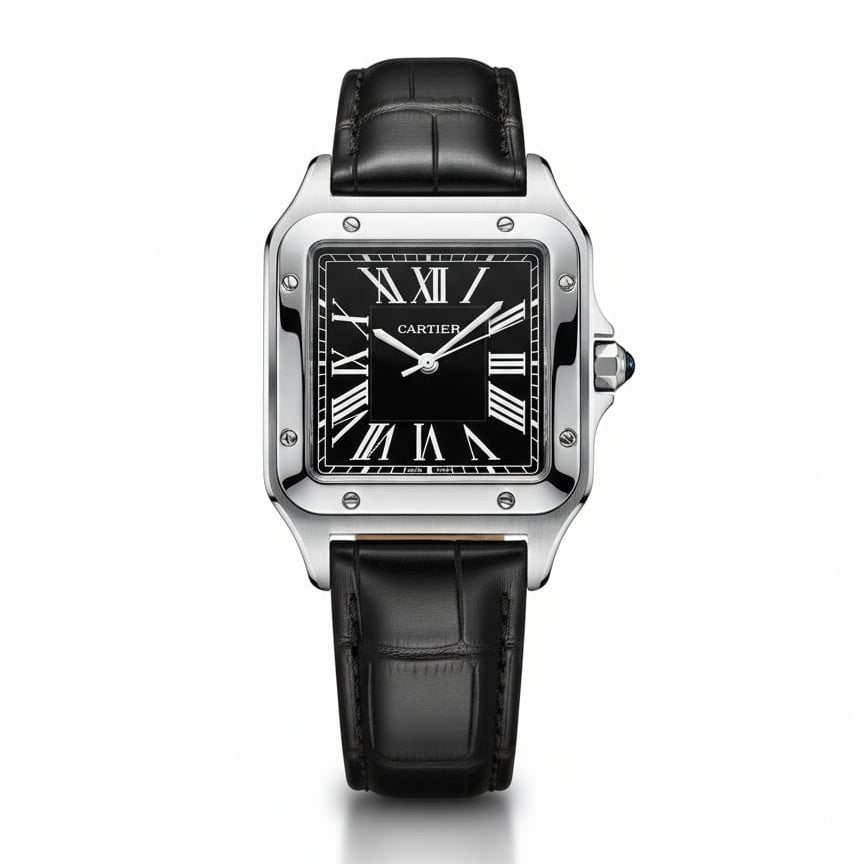 Santos de Cartier Silver frame Black dial and Black leather strap