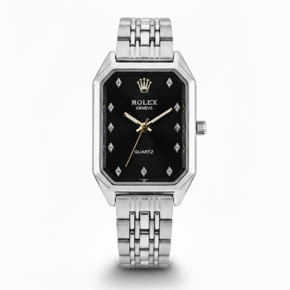 Rolex Quartz Square Silver Watch With Black dial and Silver logo for women