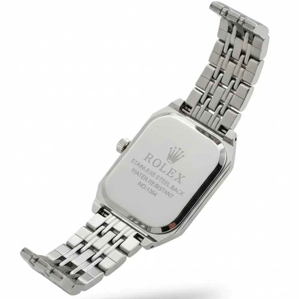 Rolex Quartz Square Silver Watch With Black dial and Silver logo for women