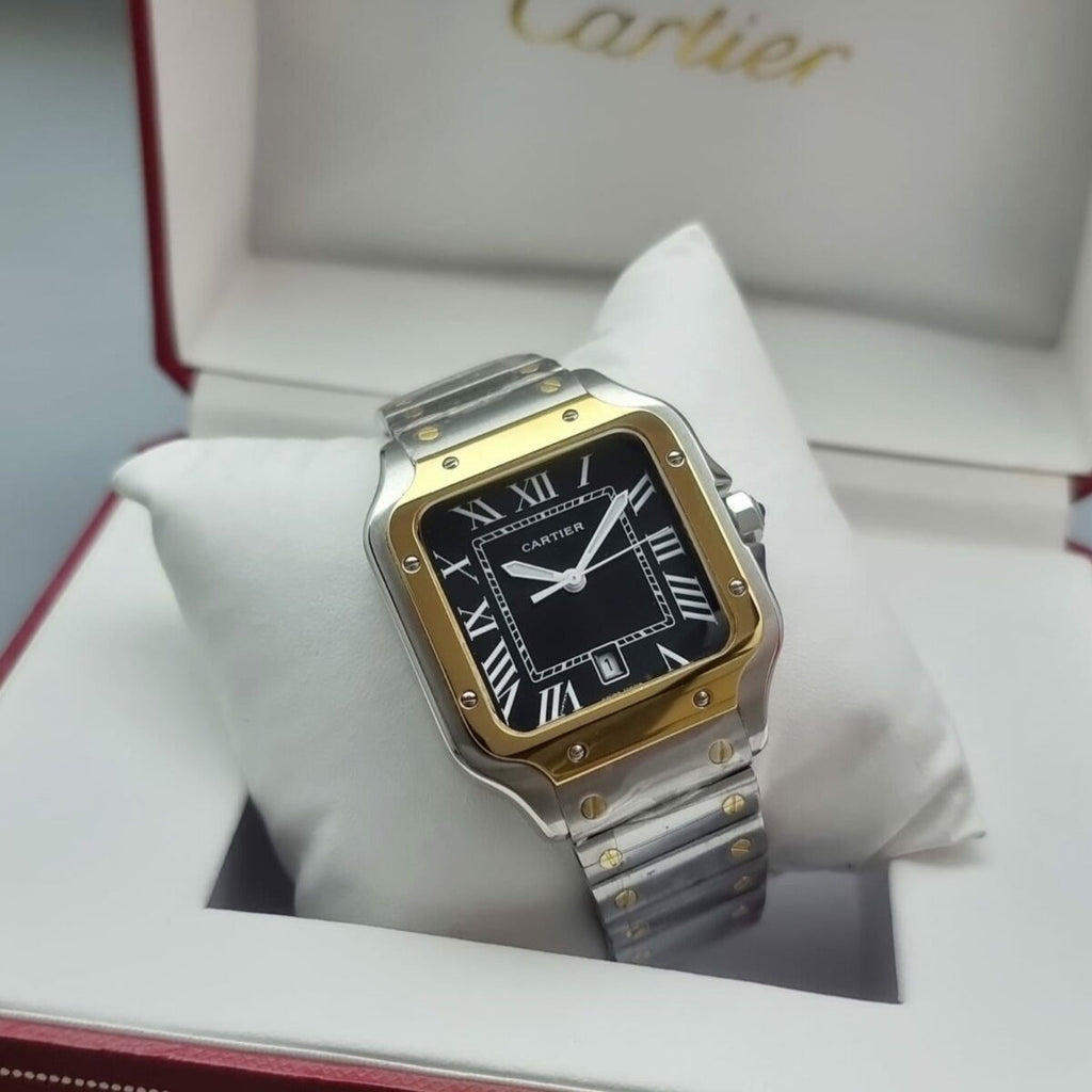 Santos de Cartier silver and gold frame Quartz black dial