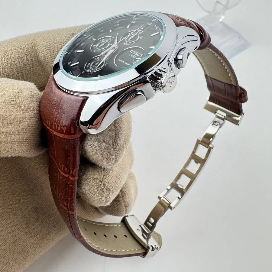 Tissot  Couturier Chronograph Black Dial Brown Leather Strap