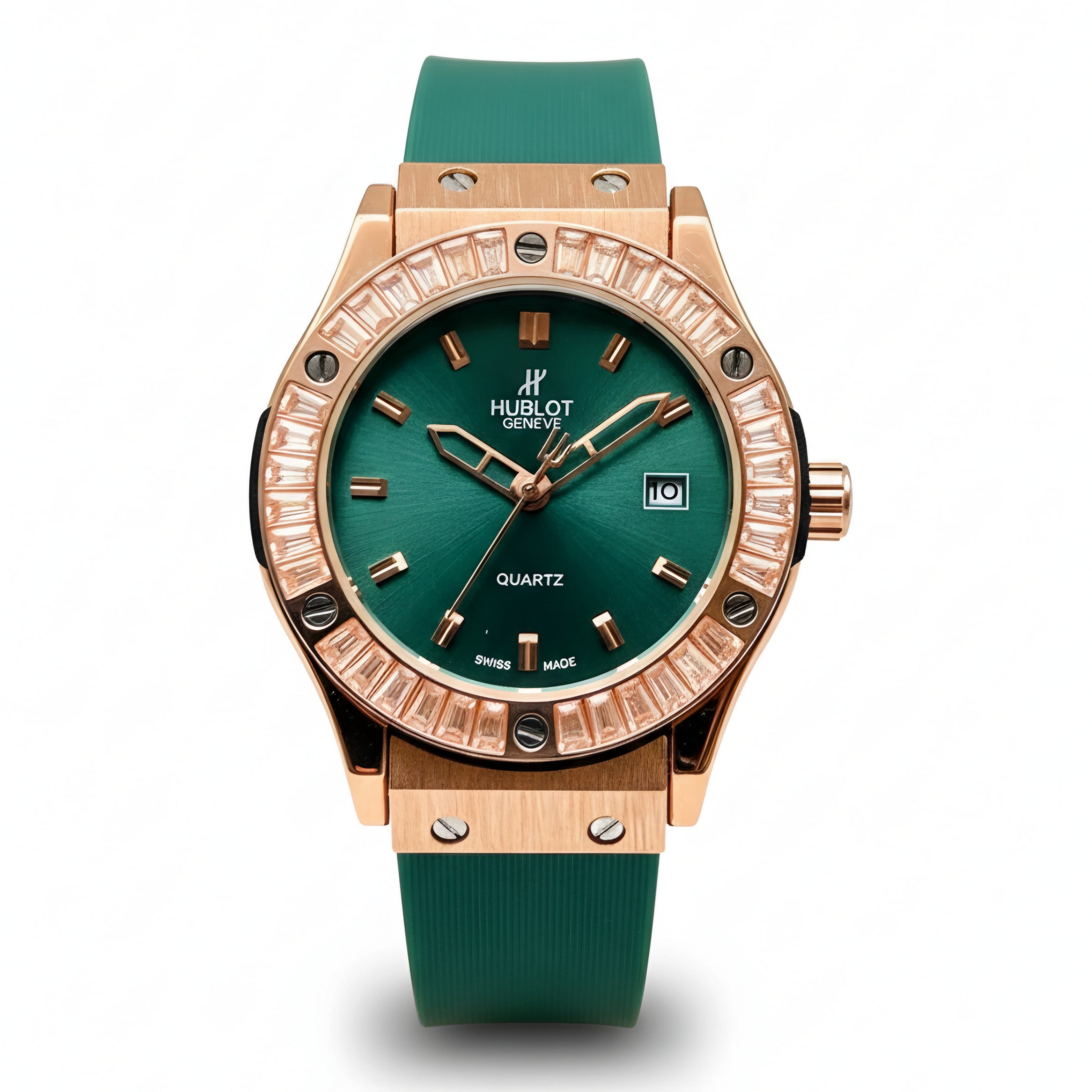 Hublot Geneve Women's Rose Gold & Emerald Green Rubber (Baguette Bezel)