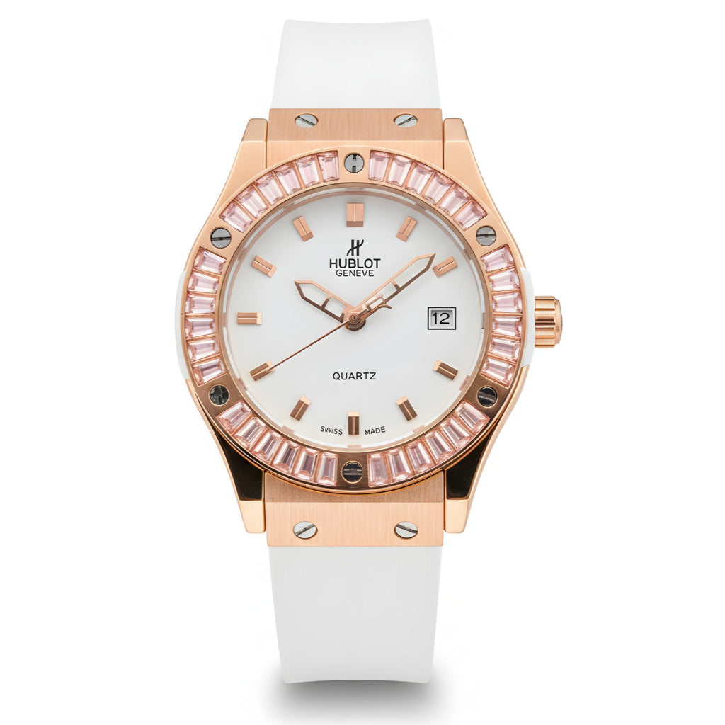 HUB Geneve Women's Rose Gold & White Rubber (Baguette Bezel)