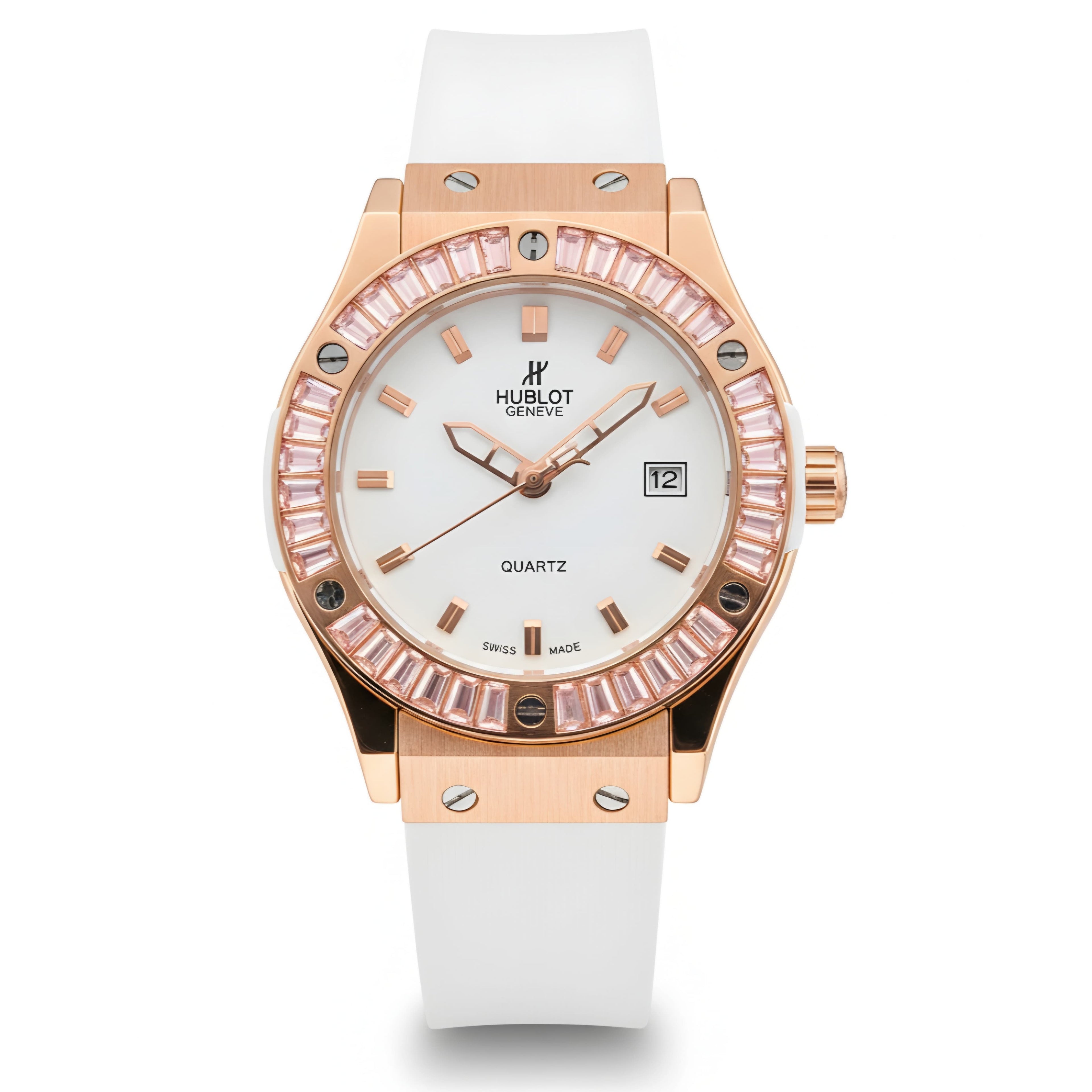 Hublot Geneve Women's Rose Gold & White Rubber (Baguette Bezel)