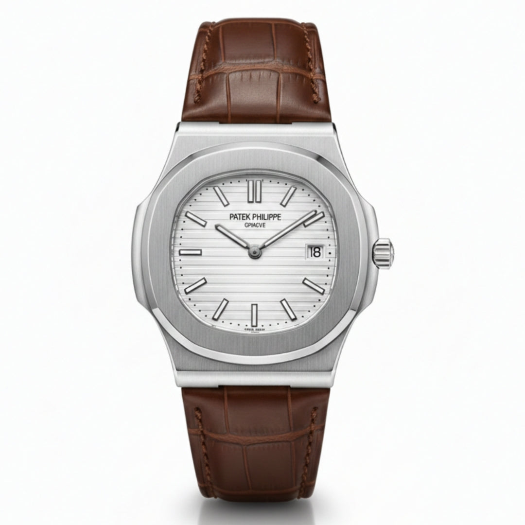 Patek Philippe Nautilus – Silver Steel & Brown Leather (Semi-Automatic)