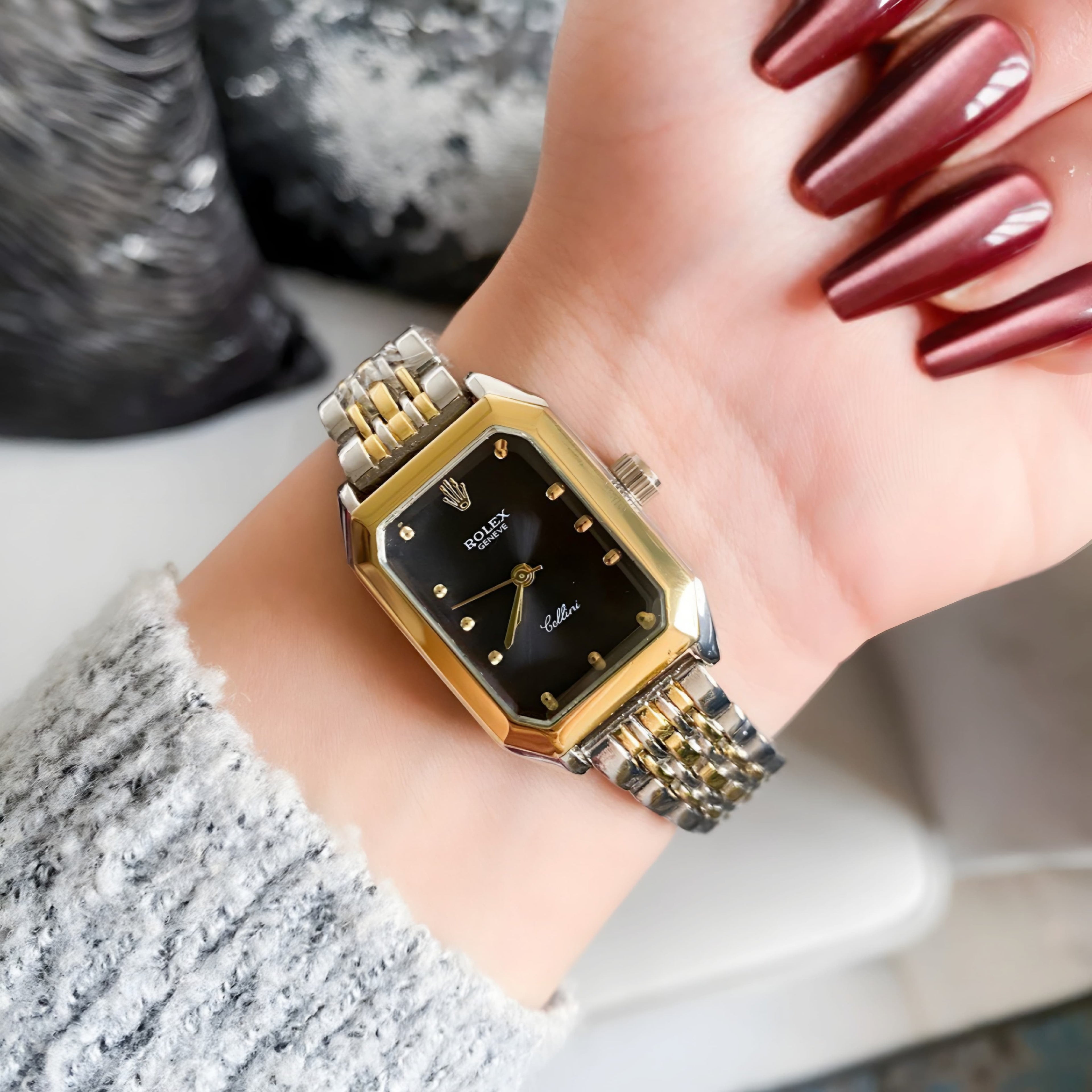 Rolex Quartz Square Silver, Gold Watch With Black dial for women