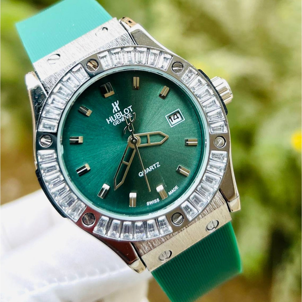 Hublot Geneve Women's Silver & Green Rubber (Baguette Bezel)