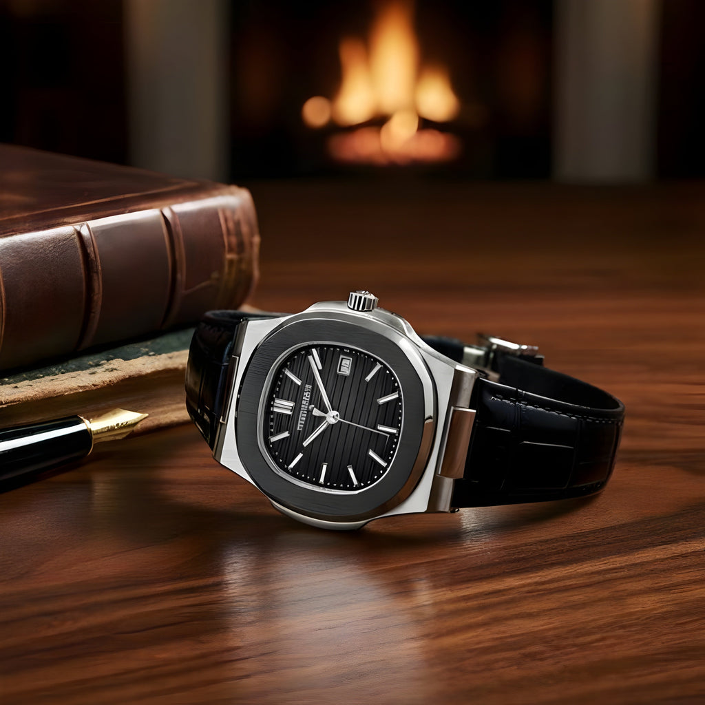 PP Nautilus  Silver Steel & Black Leather Strap (Semi-Automatic)