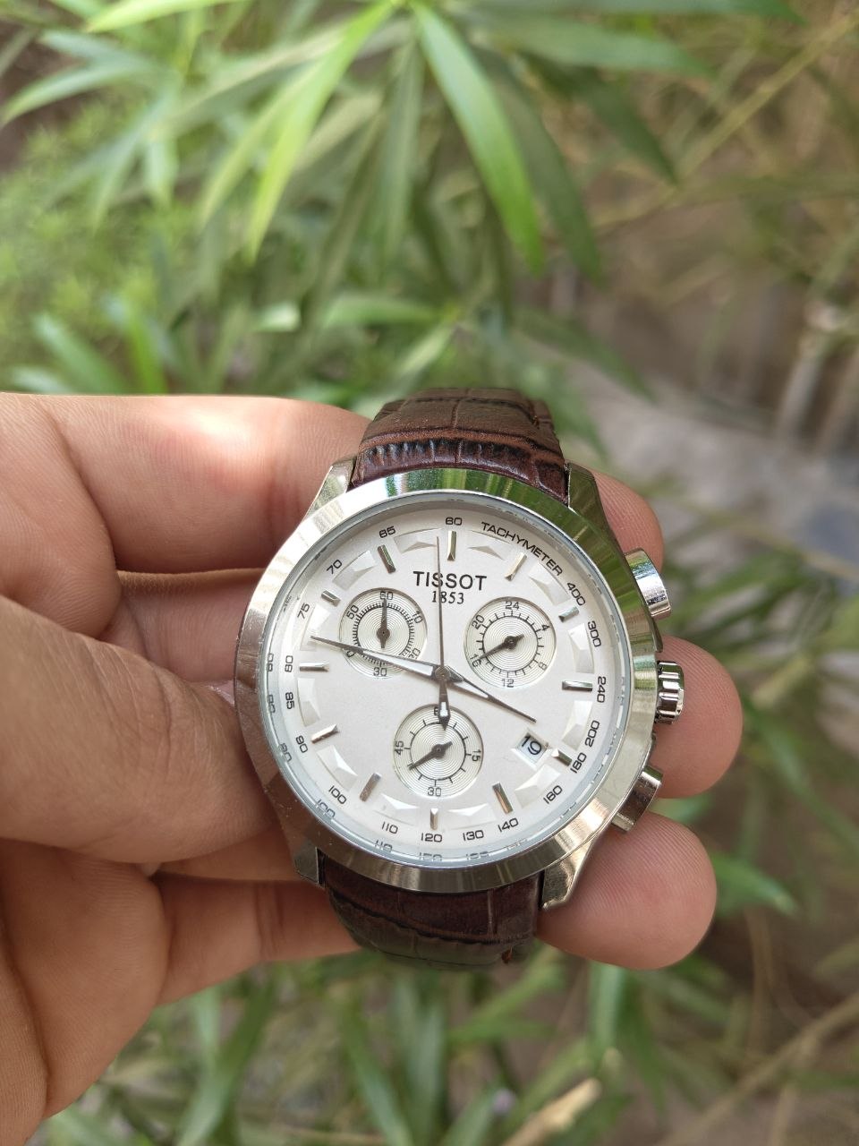 TIS Analog White Dial Brown Leather Strap