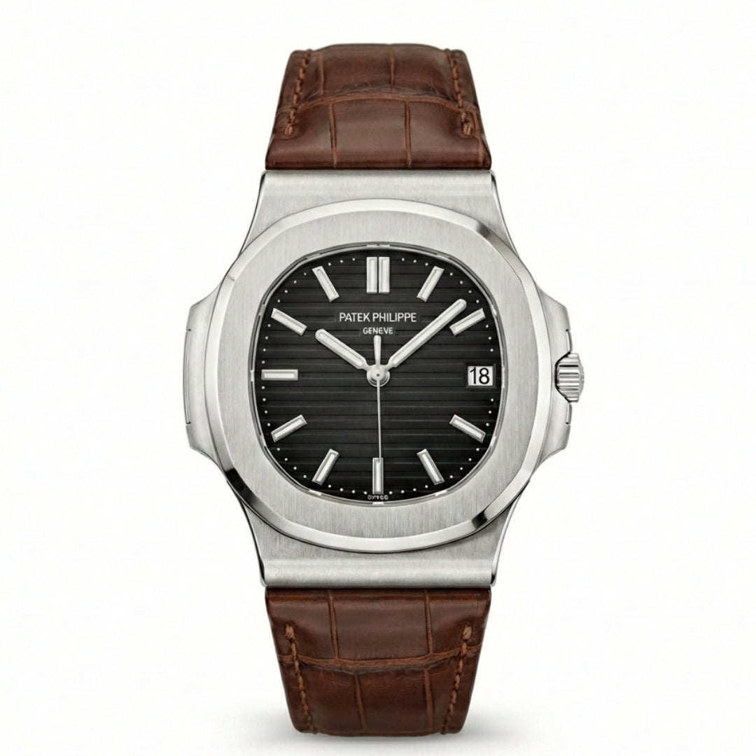 Patek Philippe Nautilus – Silver Steel & Brown Leather (Semi-Automatic)