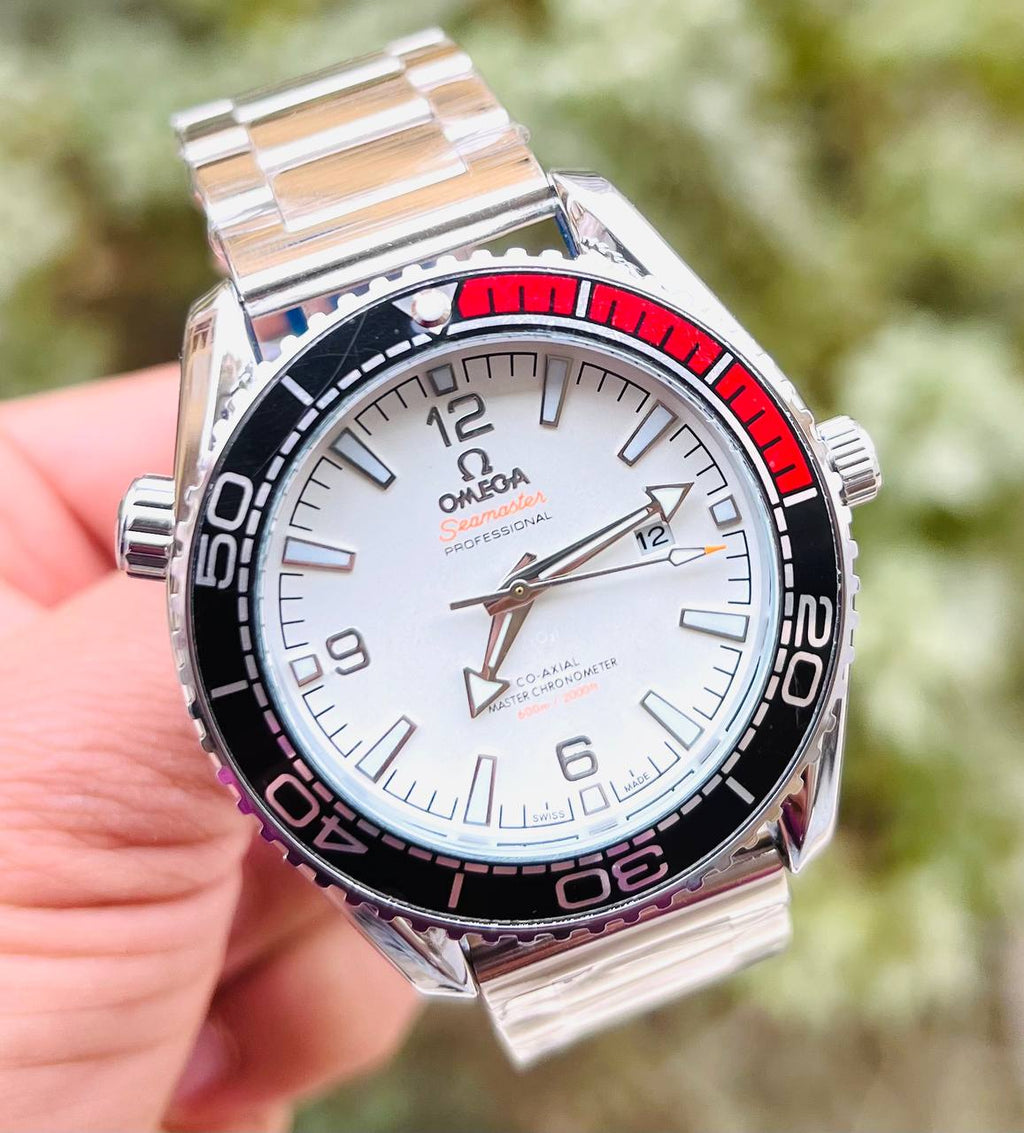 OMG Seamaster Planet Ocean Mirror Original Silver Steel & Red/Black