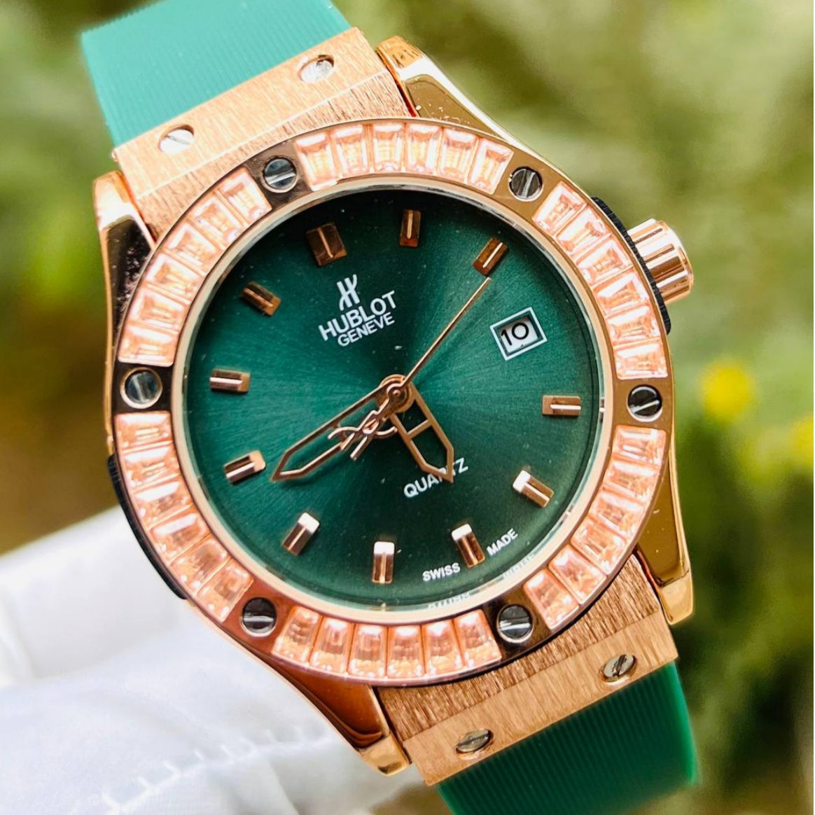 Hublot Geneve Women's Rose Gold & Emerald Green Rubber (Baguette Bezel)