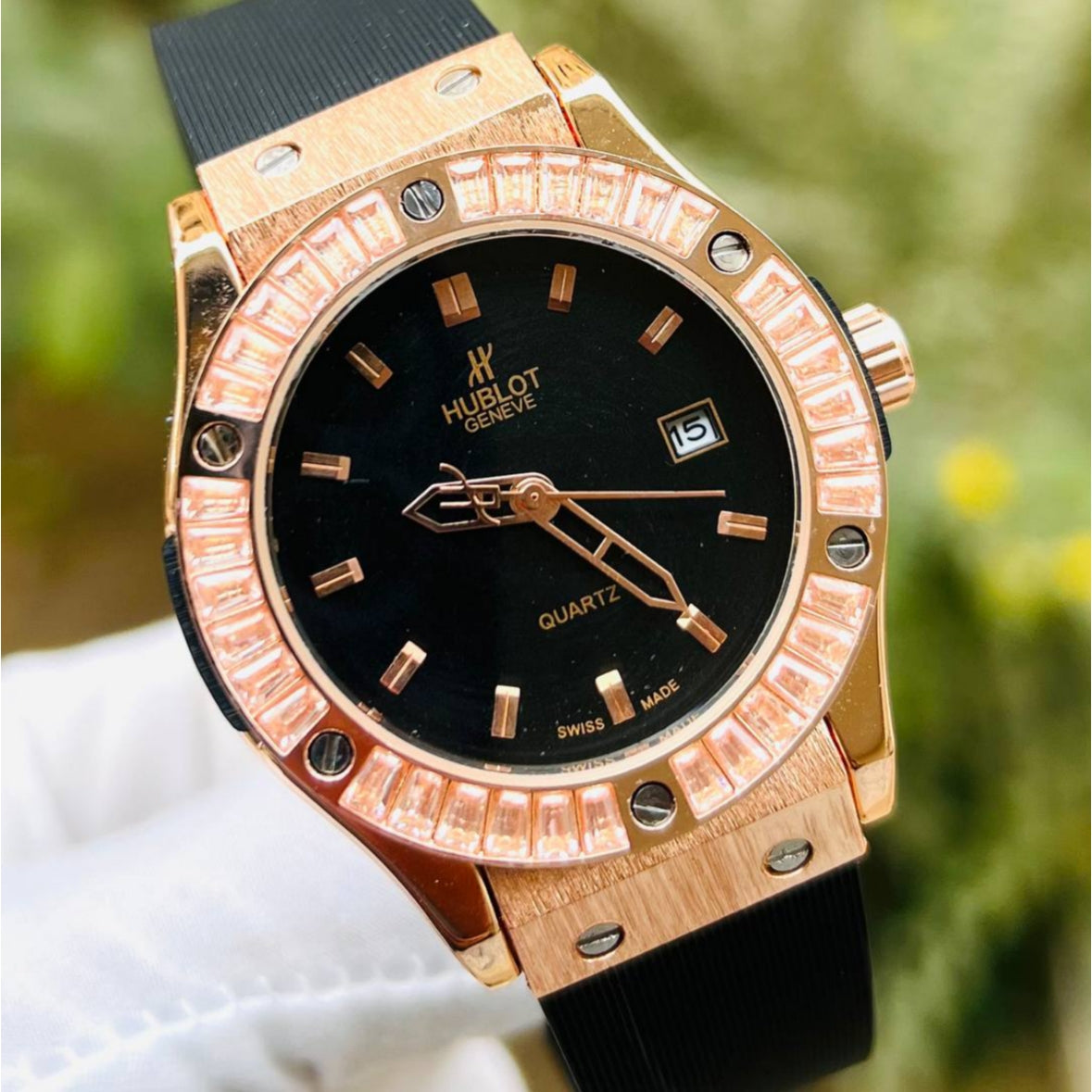 Hublot Geneve Women's Rose Gold & Black Rubber (Baguette Bezel)