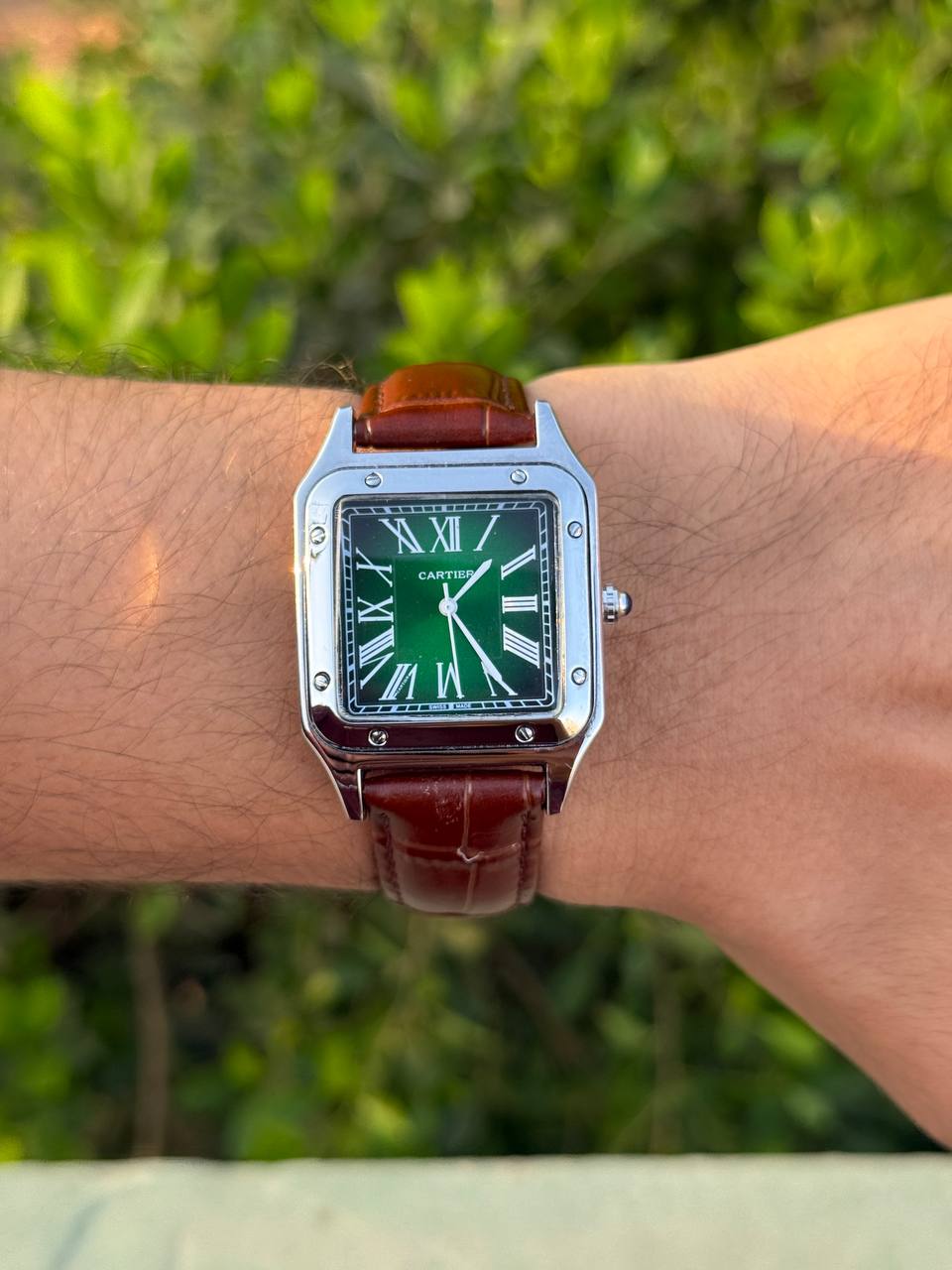 Santos de CRT Silver frame Green dial and Brown leather strap