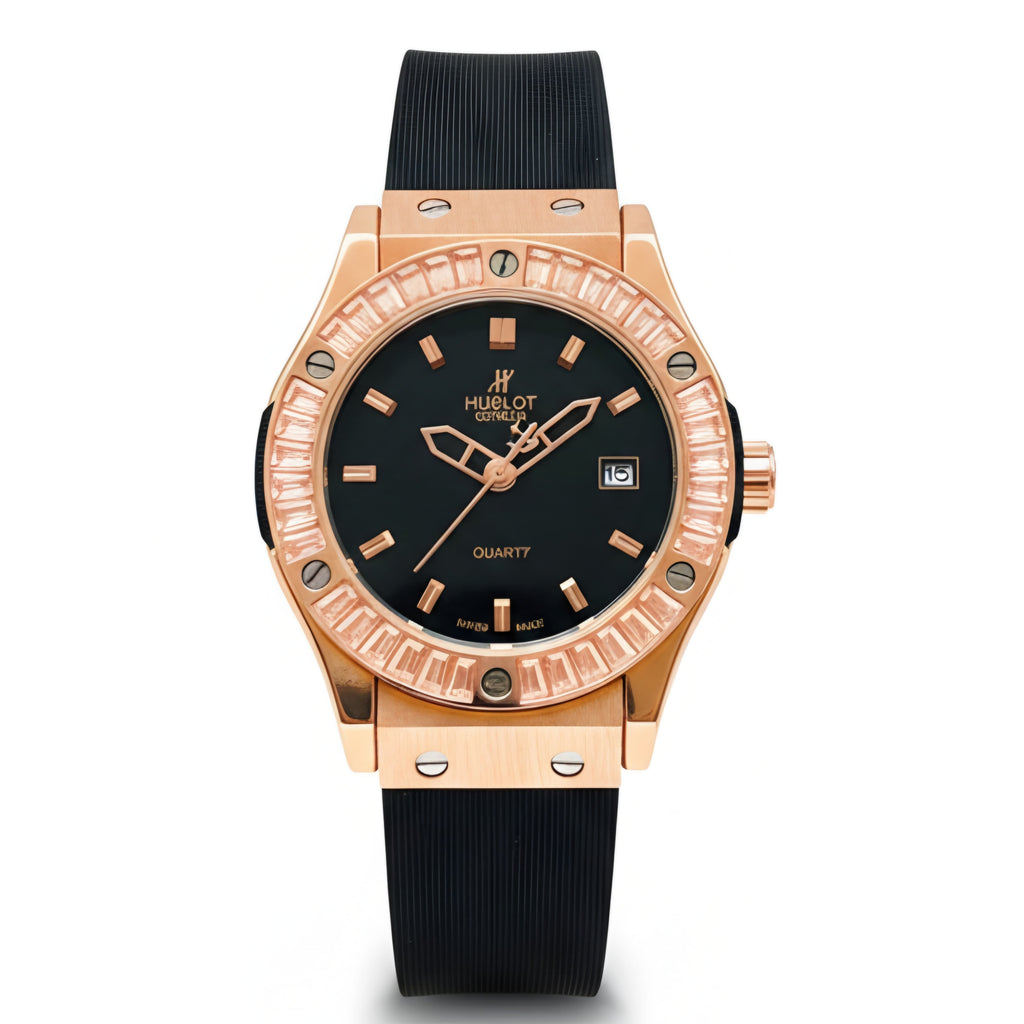 HUB Geneve Women's Rose Gold & Black Rubber (Baguette Bezel)