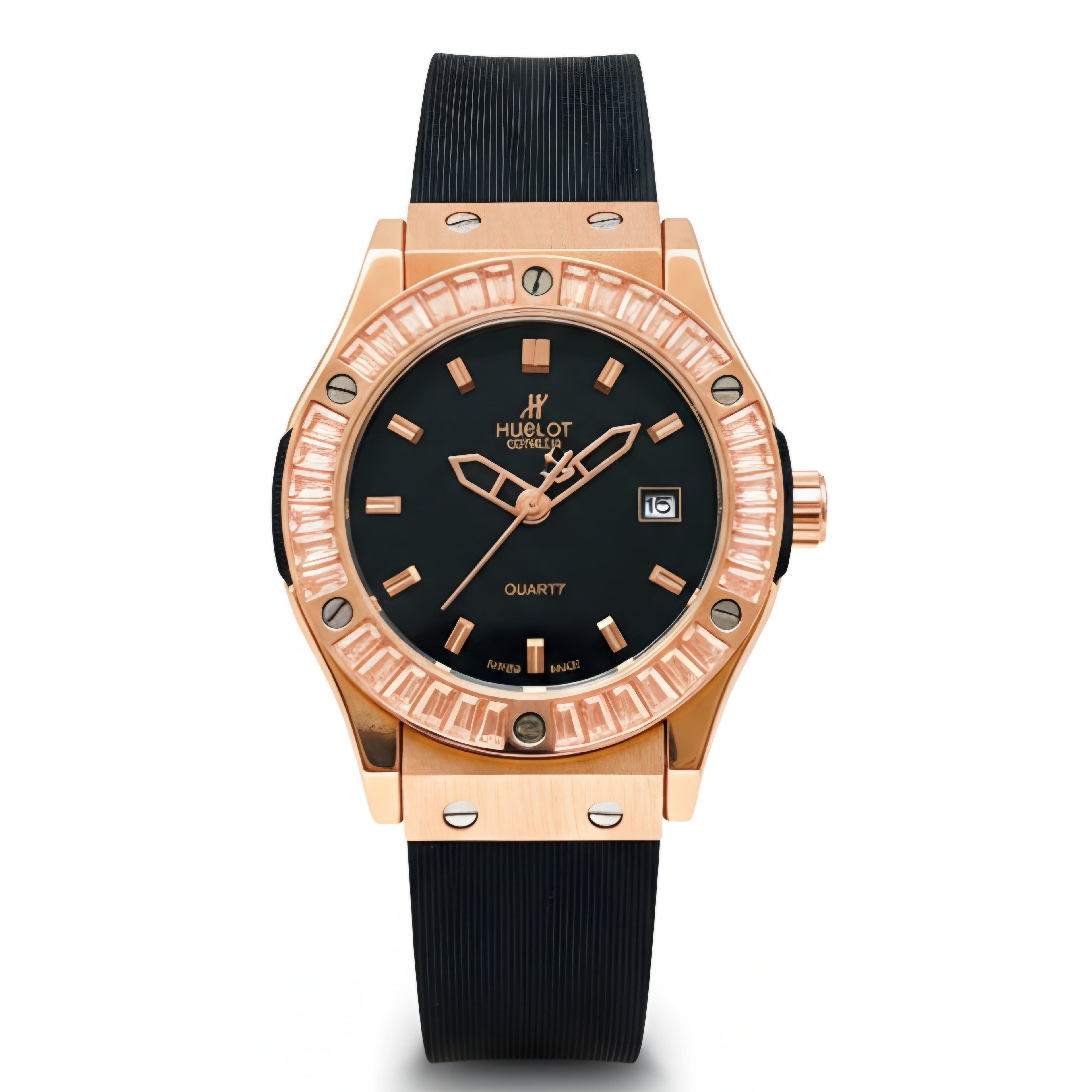 Hublot Geneve Women's Rose Gold & Black Rubber (Baguette Bezel)