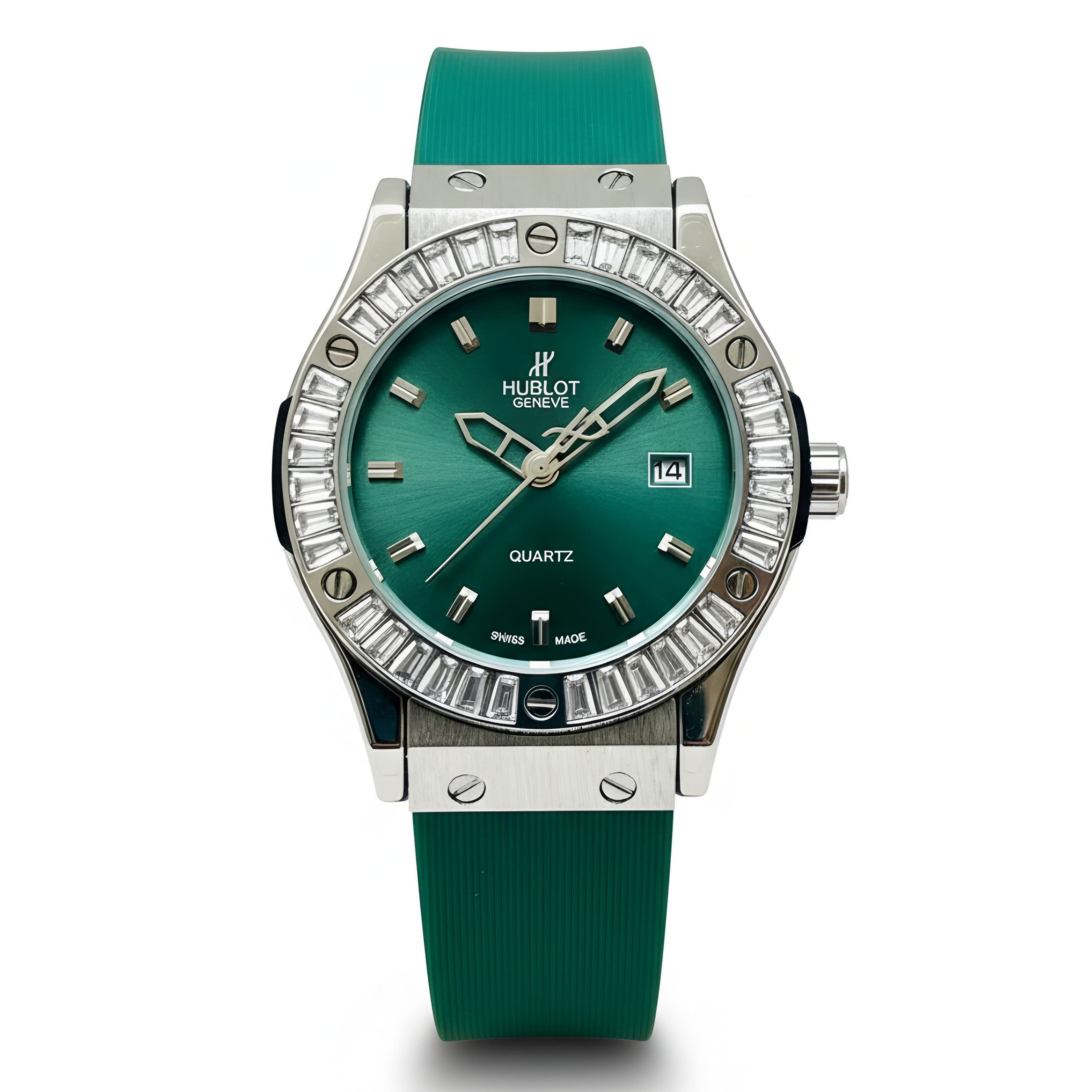 Hublot Geneve Women's Silver & Green Rubber (Baguette Bezel)