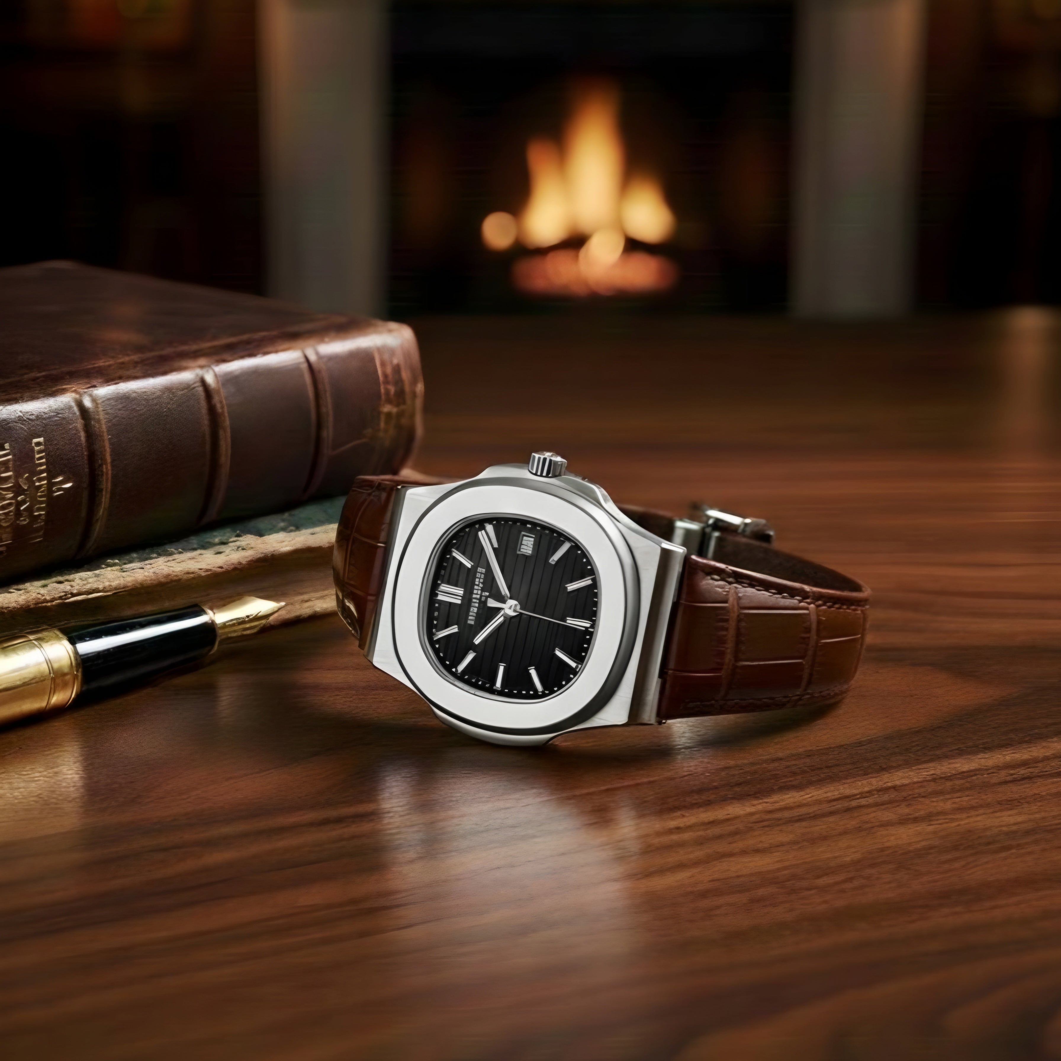 Patek Philippe Nautilus – Silver Steel & Brown Leather (Semi-Automatic)