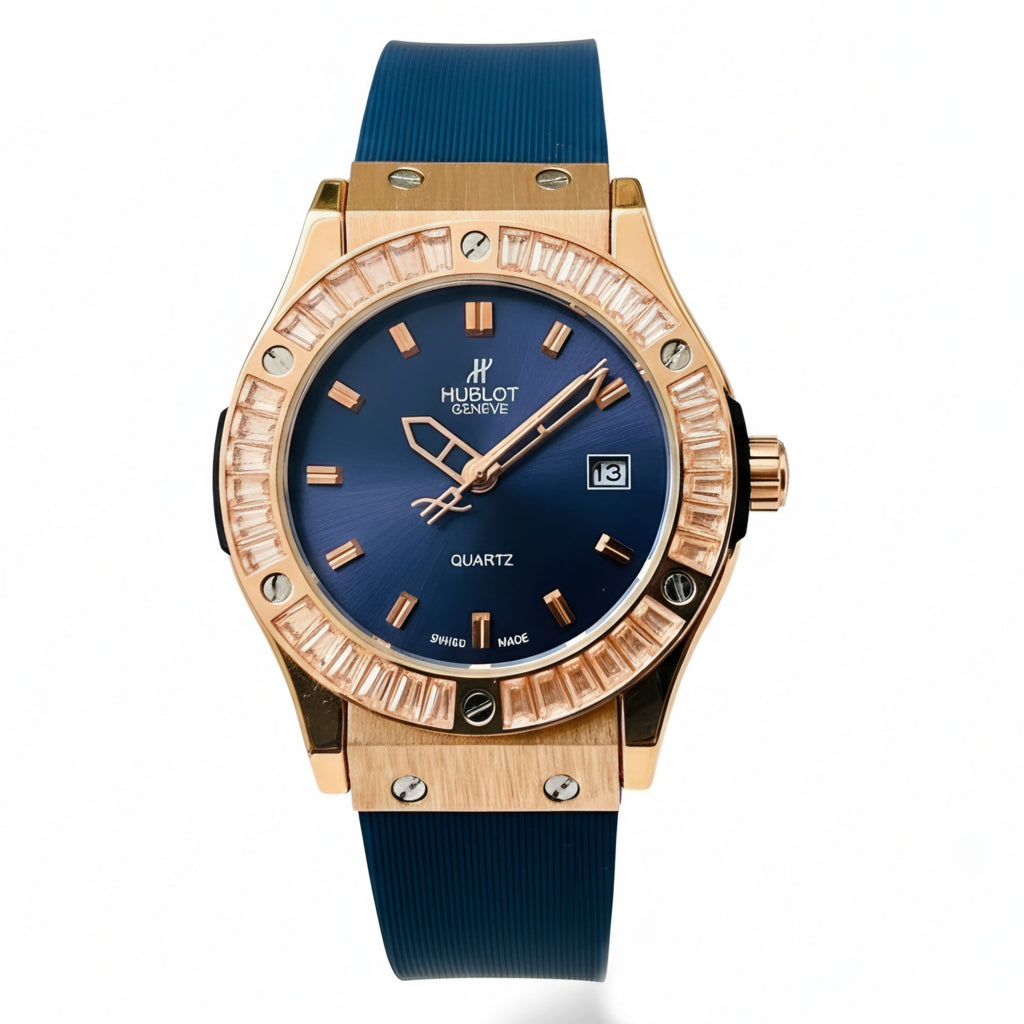 HUB Geneve Women's Rose Gold & Blue Rubber (Baguette Bezel)