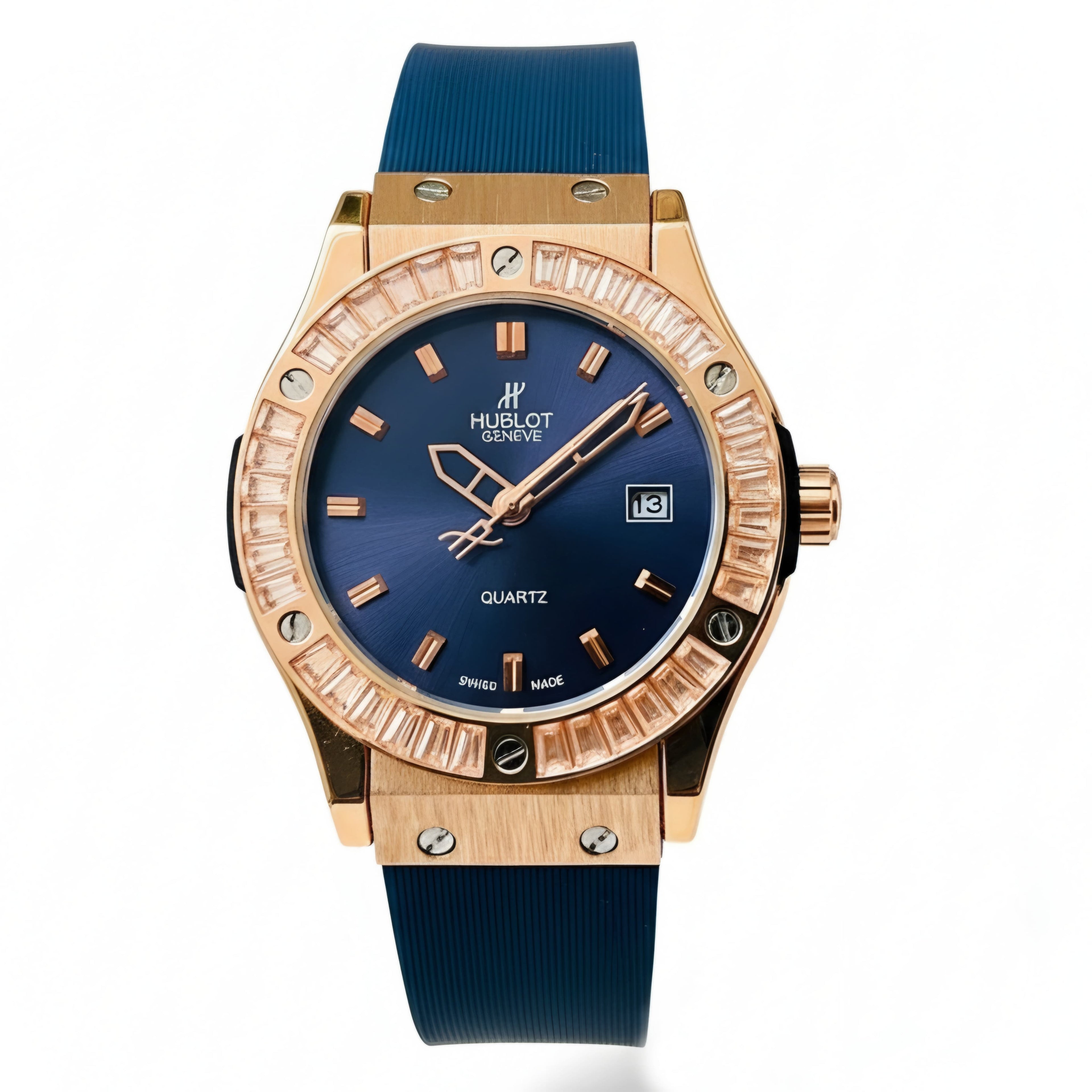 Hublot Geneve Women's Rose Gold & Blue Rubber (Baguette Bezel)