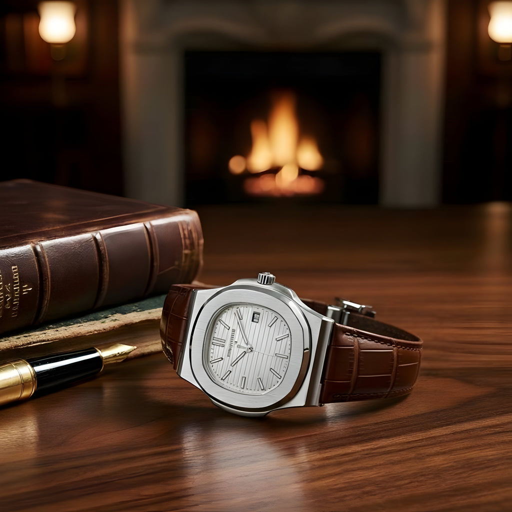 Patek Philippe Nautilus – Silver Steel & Brown Leather (Semi-Automatic)