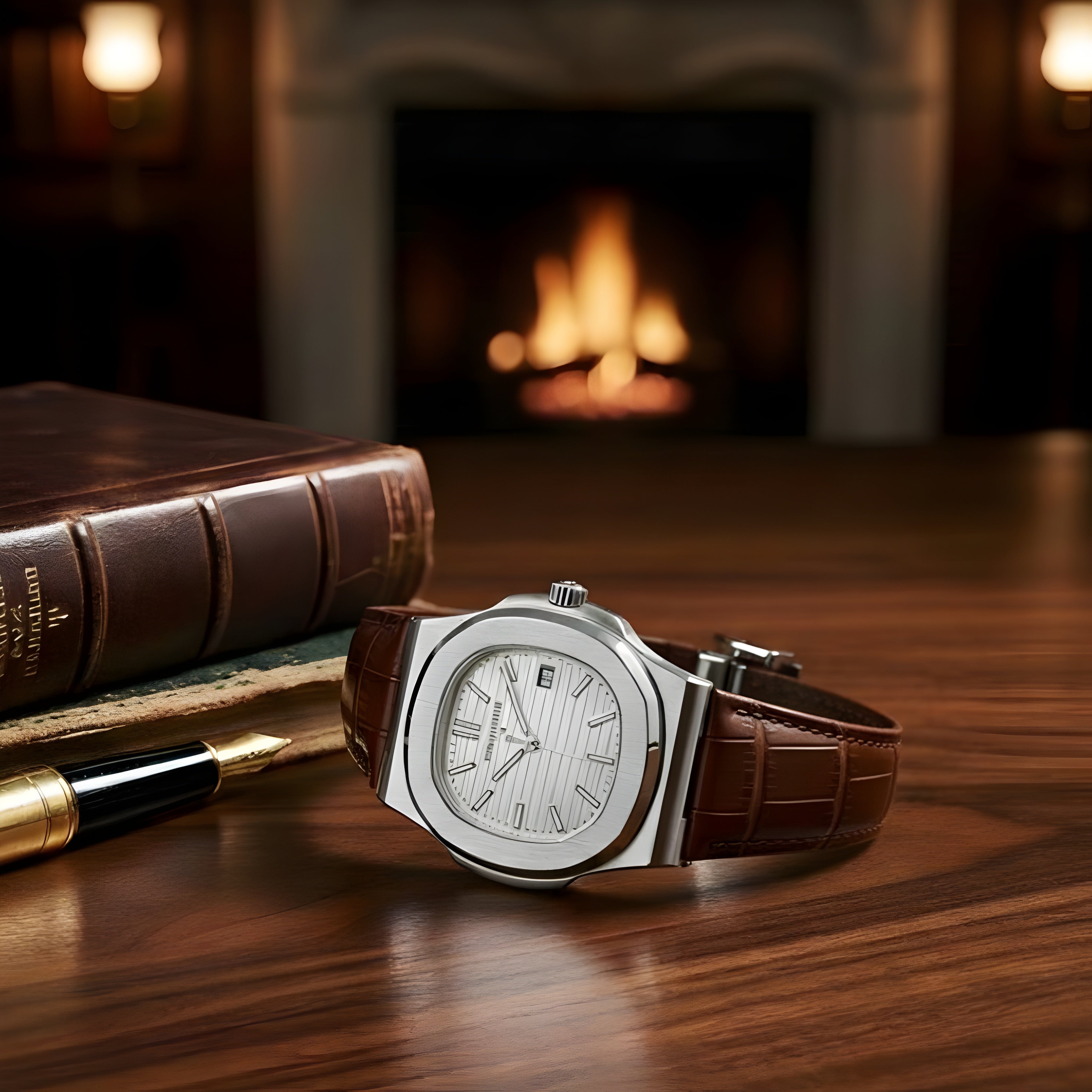 Patek Philippe Nautilus – Silver Steel & Brown Leather (Semi-Automatic)