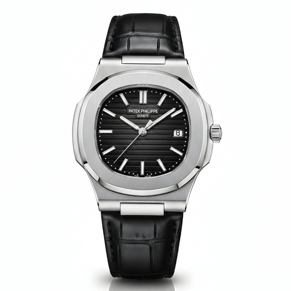 PP Nautilus  Silver Steel & Black Leather Strap (Semi-Automatic)