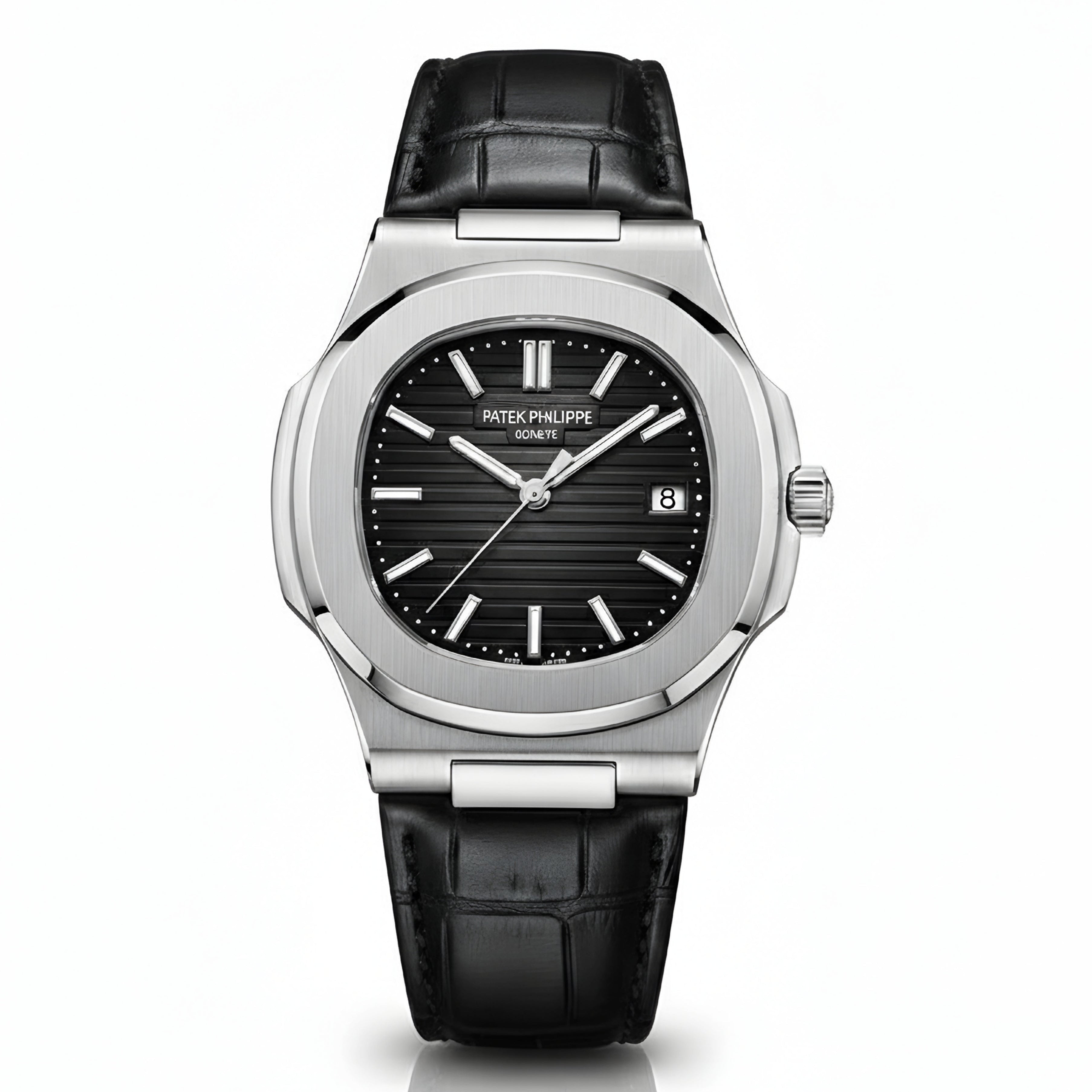 Patek Philippe Nautilus – Silver Steel & Black Leather Strap (Semi-Automatic)