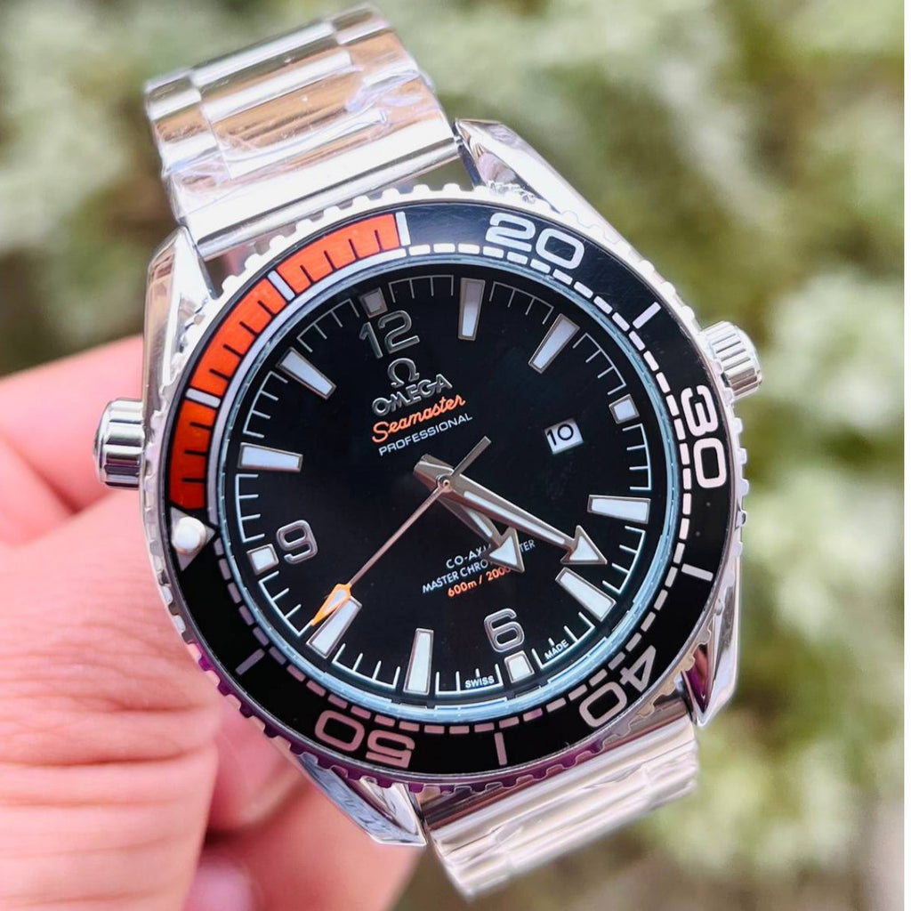 OMG Seamaster Planet Ocean Mirror Original Silver Steel & Black/Orange